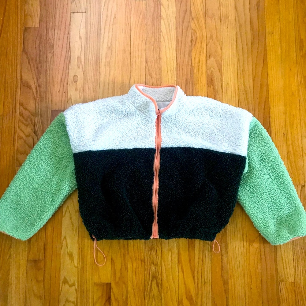 Wild Fable Jacket Womens Small Green White Colorblock Fleece Zip Up Boxy Casual